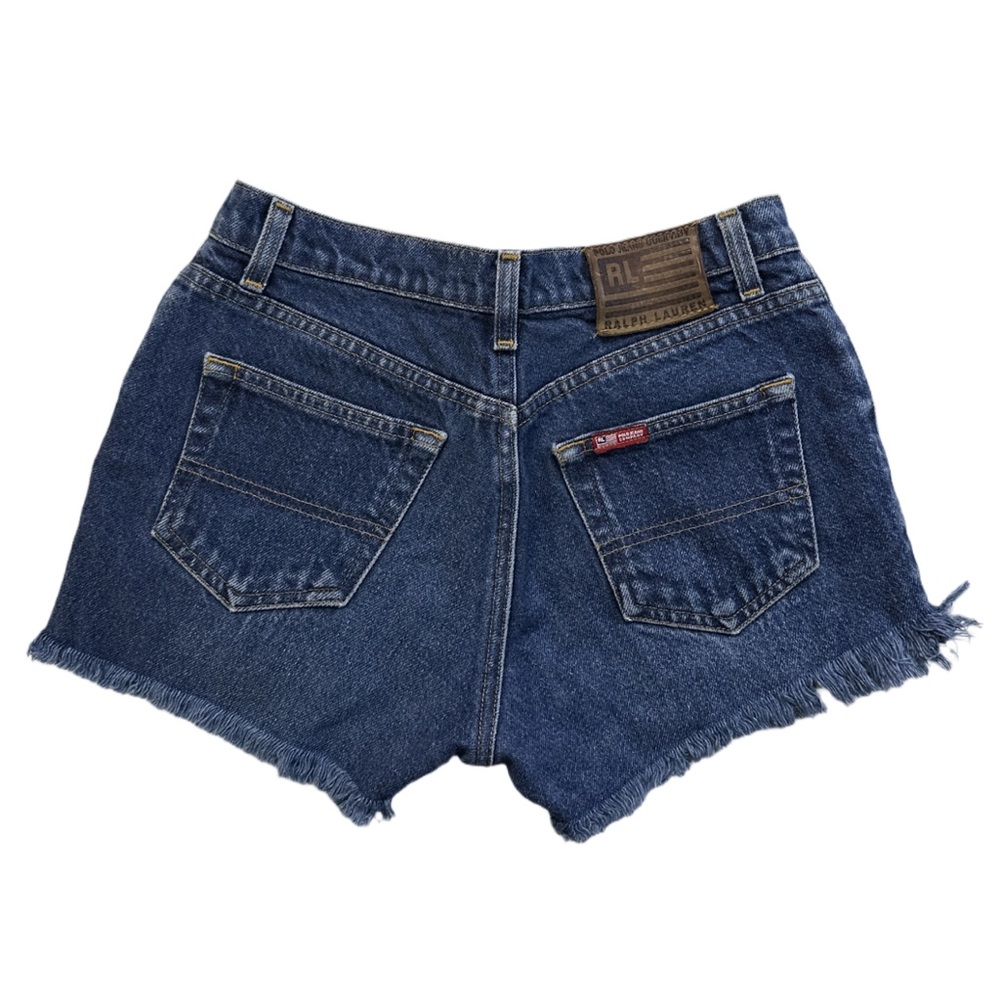 90s RL POLO JEANS CO. women's navy distressed mid rise denim shorts, 2.